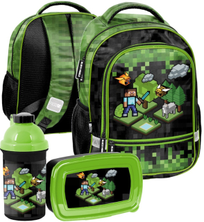 Viackomorový školský batoh Minecraft Paso čierny, Odtiene zelenej, Viacfarebný 19 l + 2 ďalšie produkty